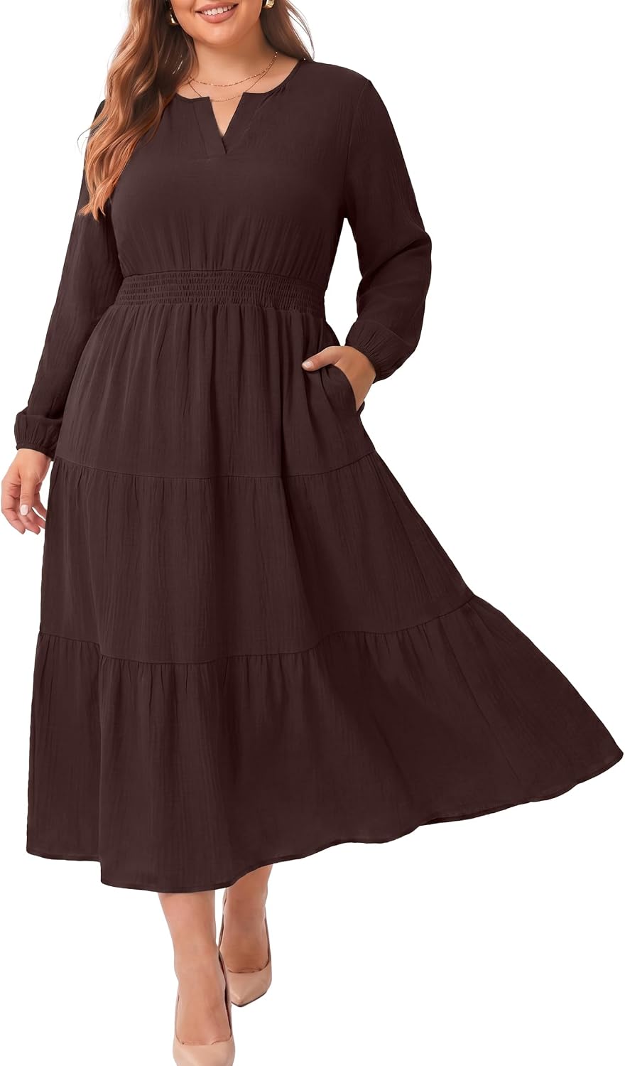 OLRIK Plus Size Fall Maxi Dress for Curvy Women Long Sleeve Pockets | Smocked Waist Tiered Skirt Deep Pockets Autumn Boho Maxi Dress for Wedding Guest Family Photo Teacher or Work Casual
