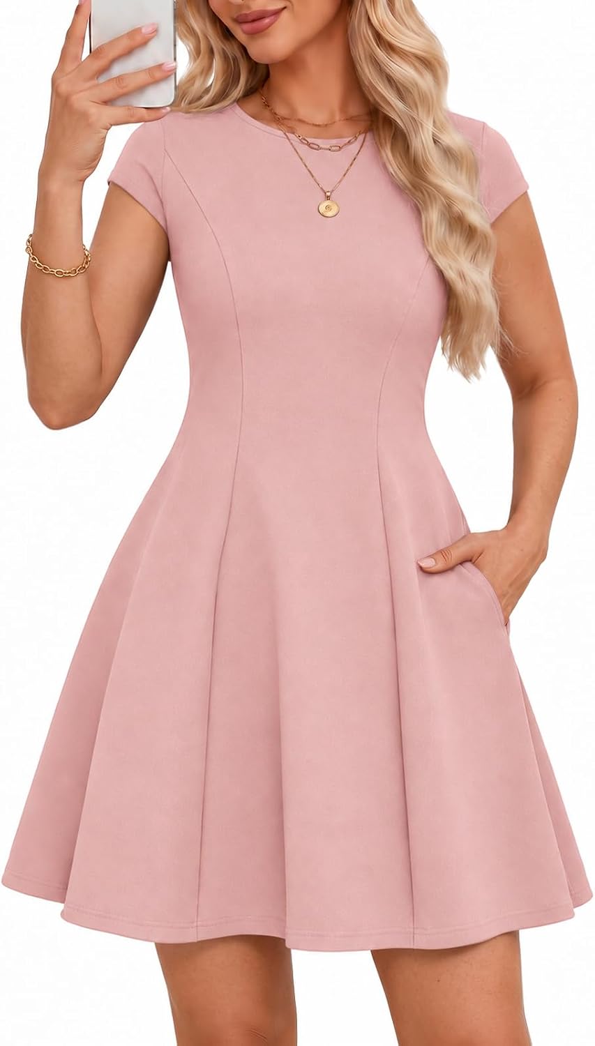 Meetjen Women\u2019s Short Formal A Line Elegant Homecoming Cocktail Dress | Cap Sleeve, Round Neck, Summer Wedding Guest Dress, Graduation, Business Casual Work, Mini Prom Party Dresses with Pockets