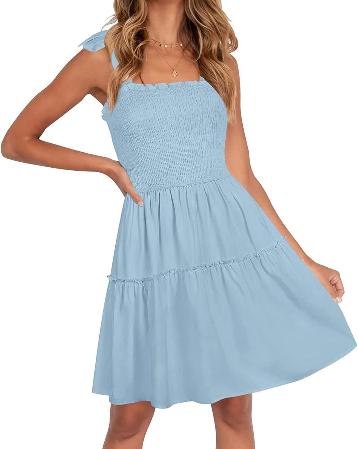 ZESICA Womens Summer Spaghetti Strap Sleeveless Mini Dress | Square Neck, Ruffle Hem, A-Line, Flowy Swing Dress, Sun Dress, Wedding Guest Short Dress