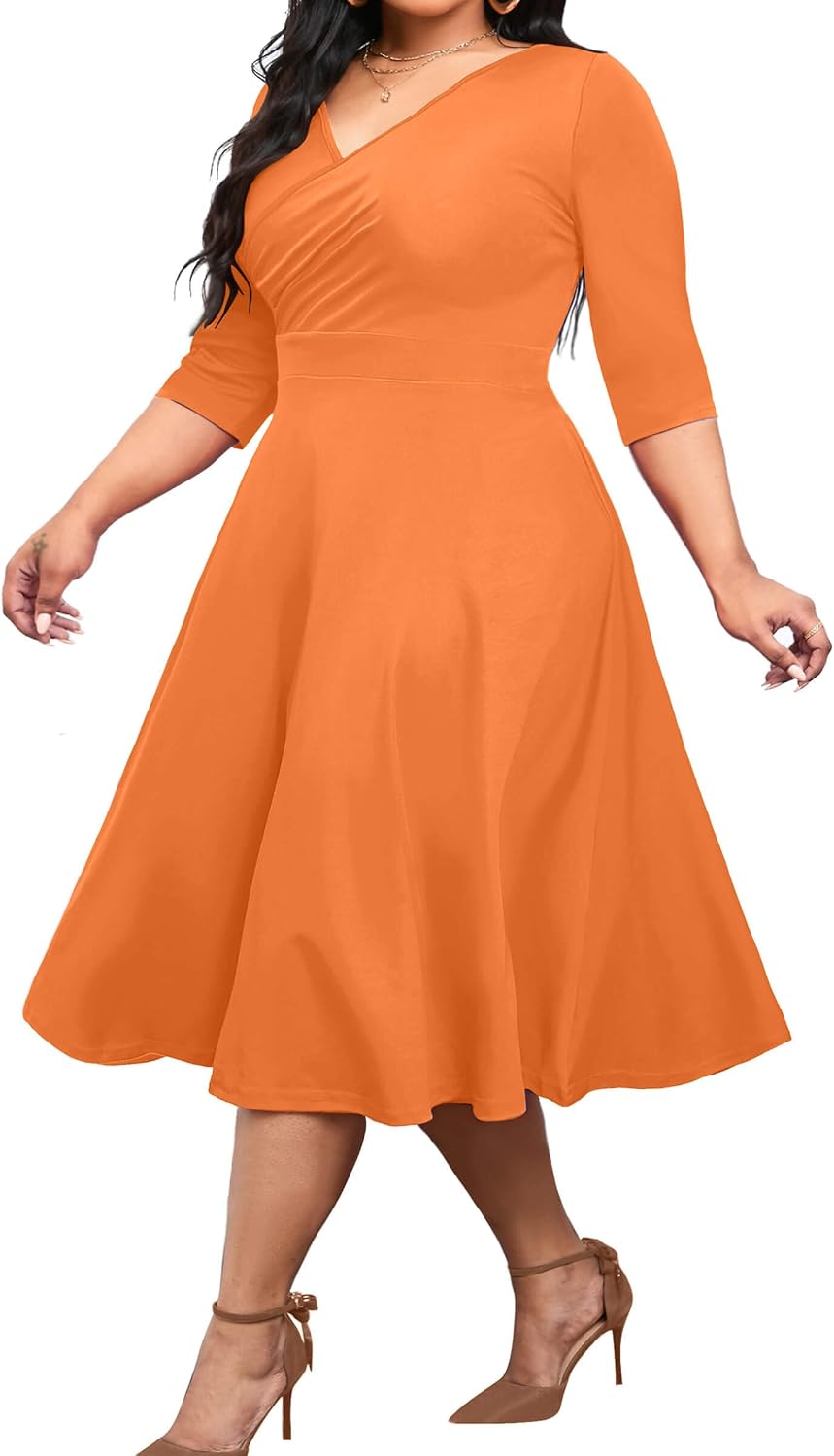 CLOCOR Plus Size Midi Dresses for Women A-Line V Neck Wrap Casual Dress | Curvy fit, shirred bodice, 3\/4 sleeve, hidden pockets, stretch empire waist, elegant style for cocktail party