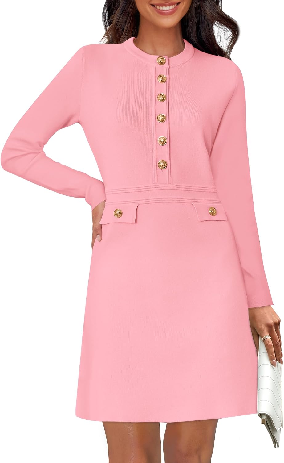 NENONA Women's 2026 Long Sleeve Fall Winter Sweater Dress Spring Fashion Button Elegant Business Casual Work Mini Dresses