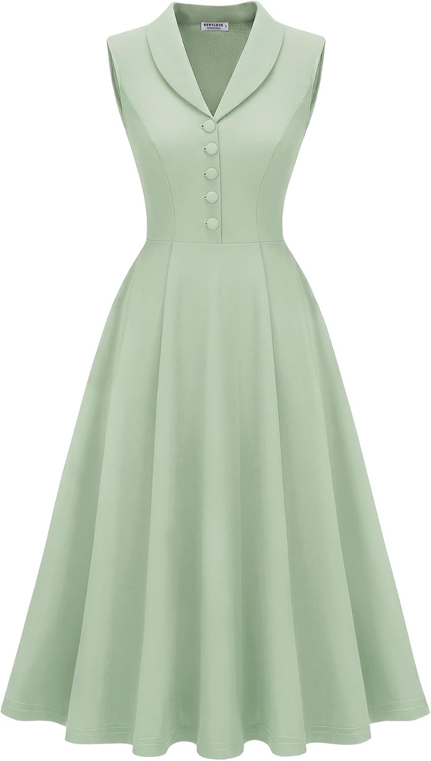BeryLove Vintage 1950s Midi Cocktail Dresses for Women Wedding Guest Classy | Sleeveless Button Down Dress with Pockets, Notch Lapel, A-Line, Retro 1940s Style, Business Casual Wear, Tea Party, Prom