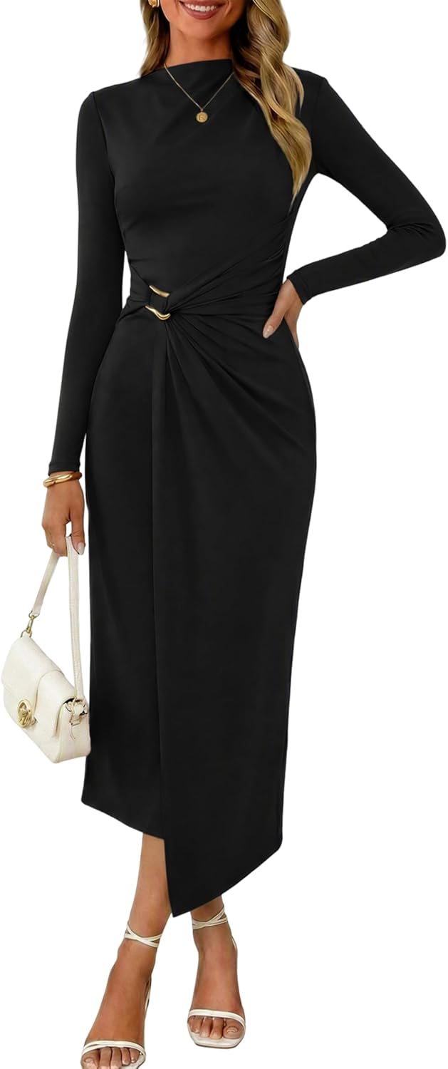 Valiamcep Womens Mock Neck Ribbed Knit Ruched Bodycon Midi Dresses | Elegant Semi Formal Wedding Guest Cocktail Party Date Night Homecoming Christmas Long Dress, Spring Summer Fall Outfits