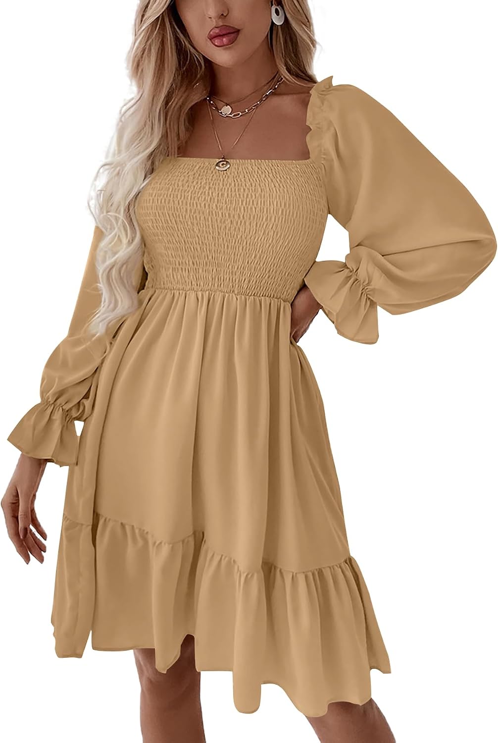 LYANER Women's Shirred Party Mini Dress | Square Neck Lantern Long Sleeve Ruffle A Line Flowy Casual Short Dresses