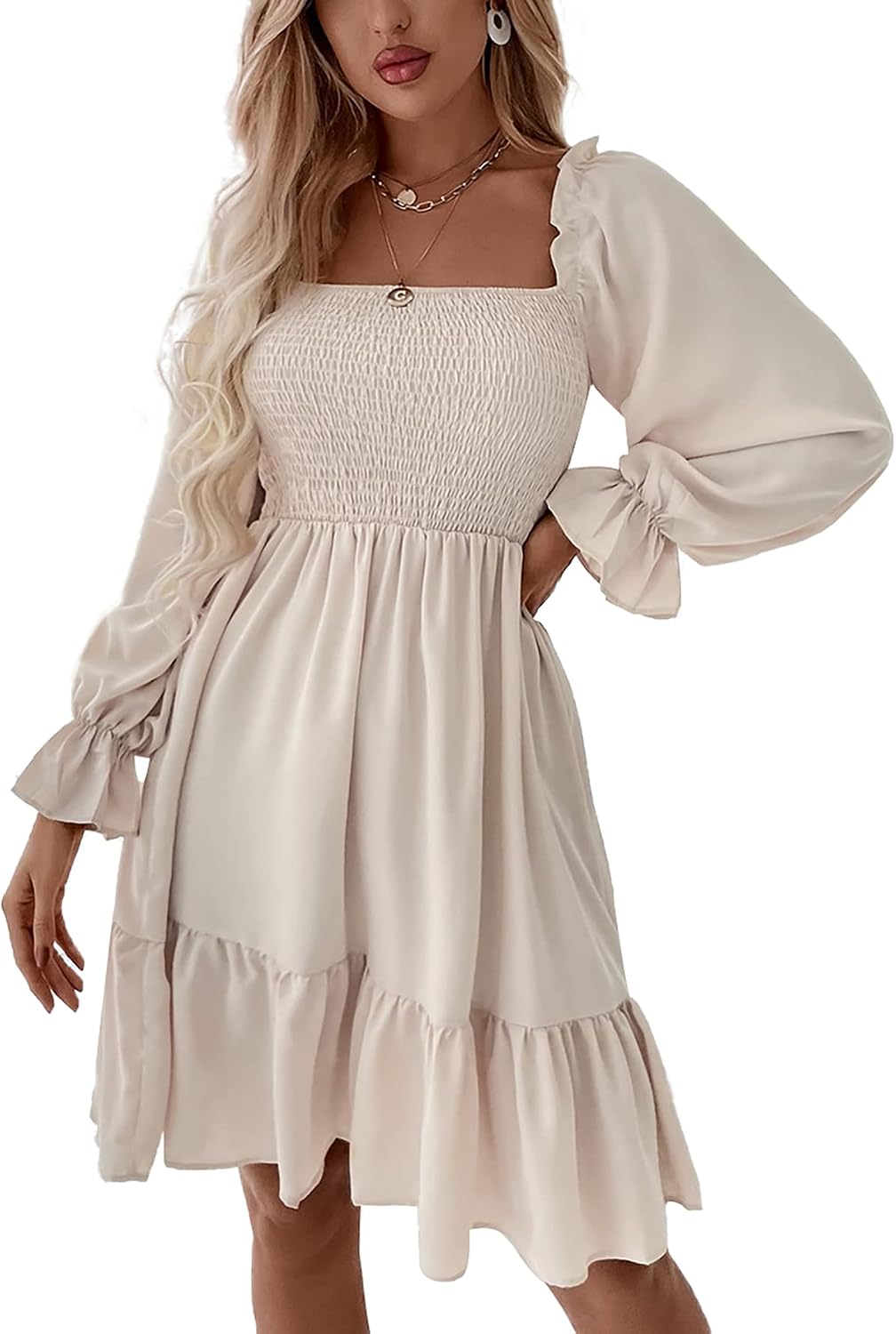 LYANER Women's Shirred Party Mini Dress | Square Neck Lantern Long Sleeve Ruffle A Line Flowy Casual Short Dresses