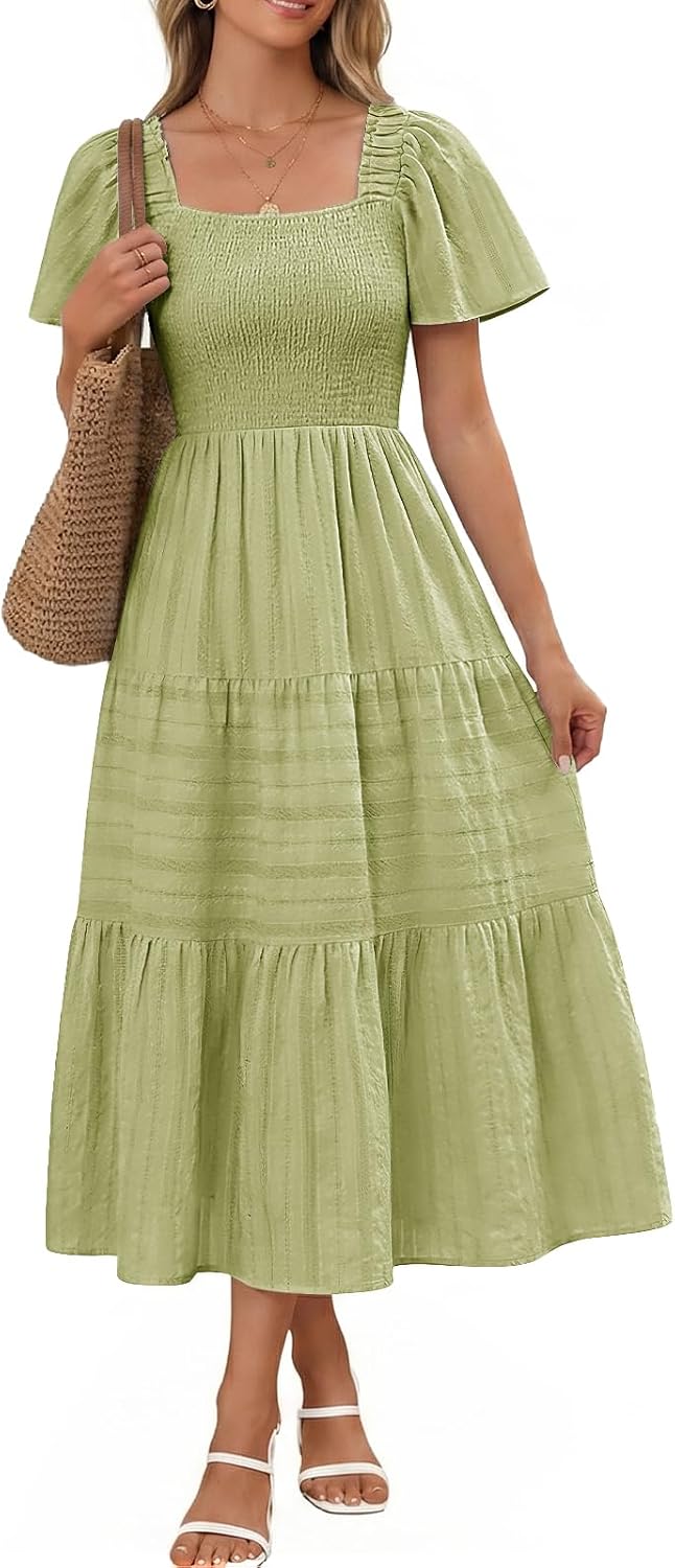 Bbonlinedress Women Summer Midi Casual Smocked Boho Dress with Pockets | Square Neck, Tea Length, Ruffle Short Sleeve, Cotton, Wedding Guest Church, Flowy Fit & Flare Dress