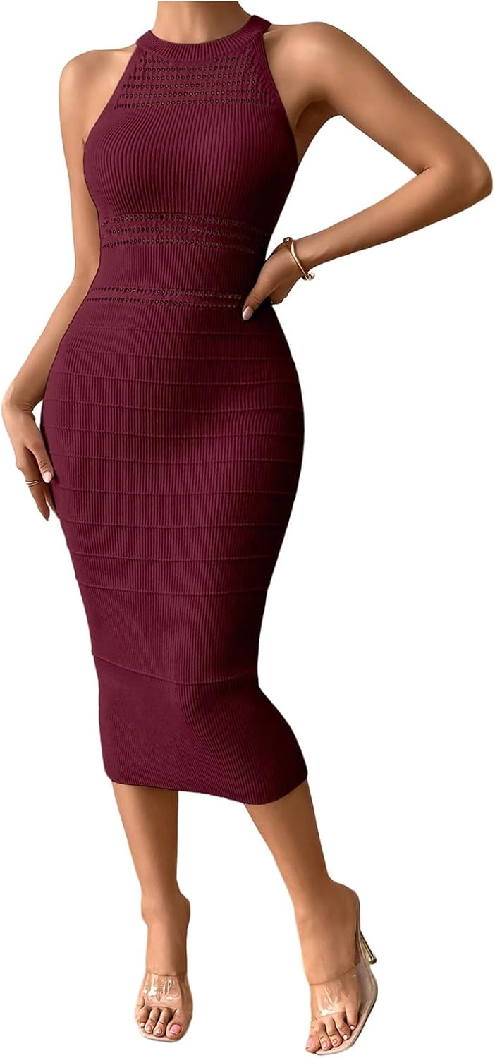 GORGLITTER Women's Sleeveless Sweater Dress Knit Fall Wedding Guest Dresses | Crochet Halter Midi Dresses, Party Cocktail Prom Going Out Outfits, Dressy Casual Clothes