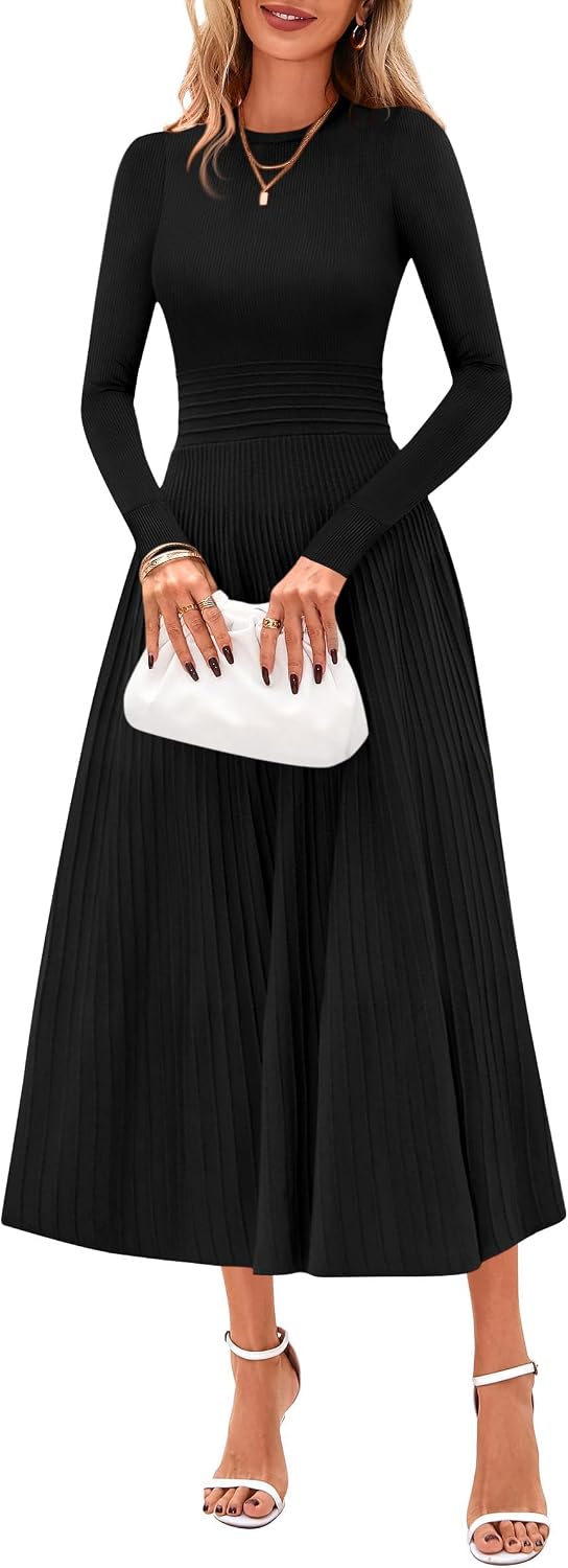 PRETTYGARDEN Women's Long Sleeve Knit Maxi Sweater Dress | Soft Pleated, Slim Fit A Line, Elegant Fall Wedding Guest Cocktail Holiday Parties Church Long Dresses, 2026 Winter Clothes
