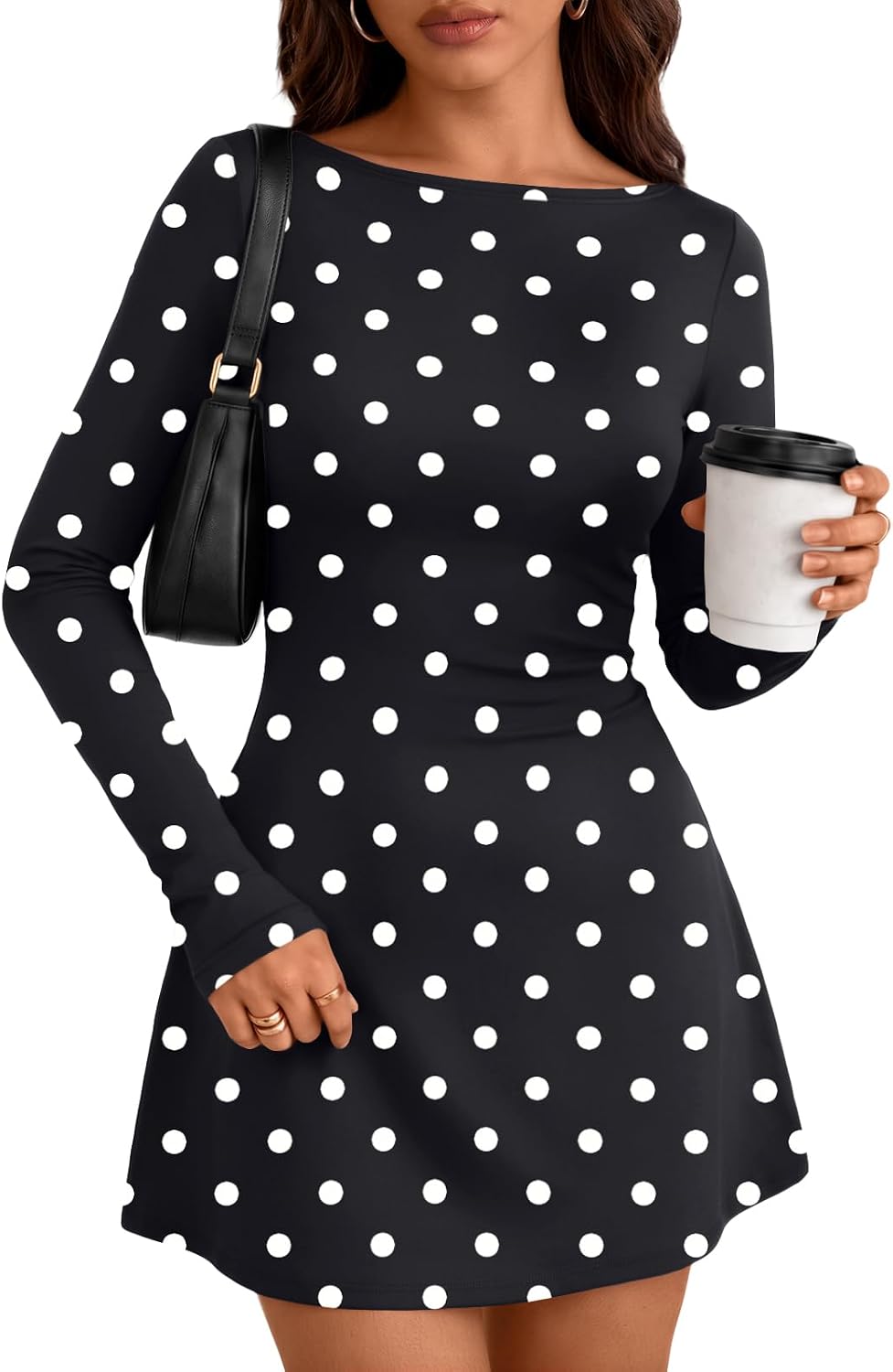 Trendy Queen Womens 2026 Fall Mini Dresses Long Sleeve Bodycon Y2K Dress | Elegant Boat Neck, Classic Polka Dot, Winter Fashion Staple, Chic Going Out Outfits, Cocktail Party Date Night Clothes