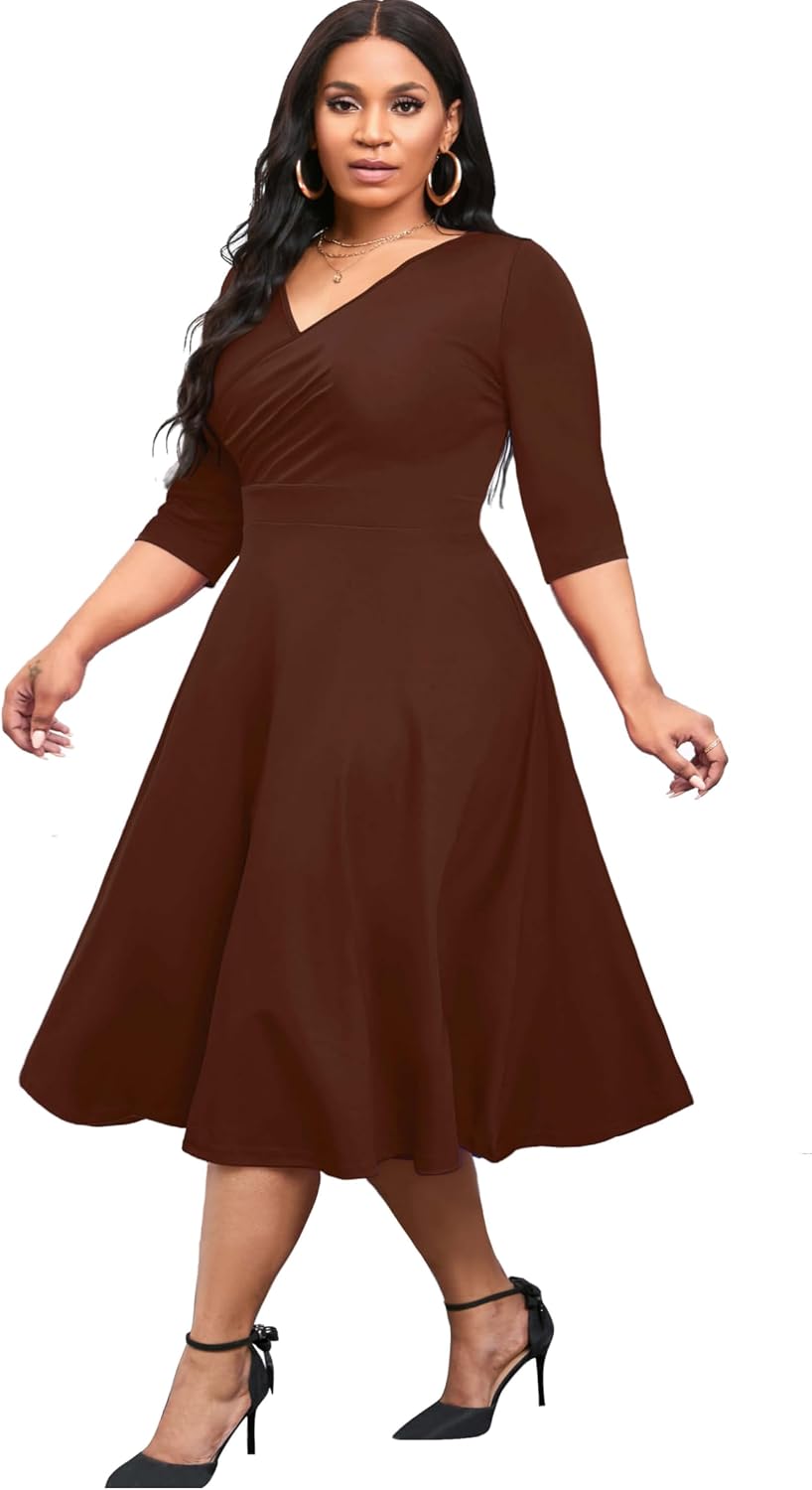 CLOCOR Plus Size Midi Dresses for Women A-Line V Neck Wrap Casual Dress | Curvy fit, shirred bodice, 3\/4 sleeve, hidden pockets, stretch empire waist, elegant style for cocktail party
