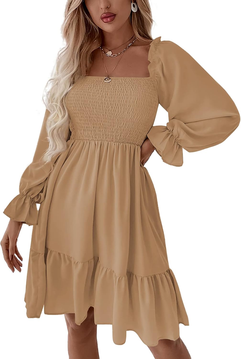 LYANER Women's Shirred Party Mini Dress | Square Neck Lantern Long Sleeve Ruffle A Line Flowy Casual Short Dresses