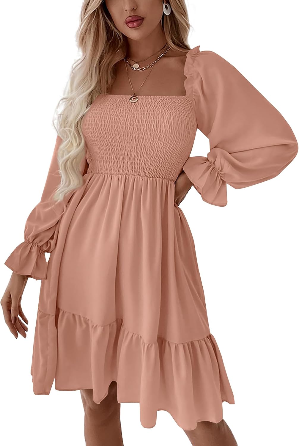 LYANER Women's Shirred Party Mini Dress | Square Neck Lantern Long Sleeve Ruffle A Line Flowy Casual Short Dresses