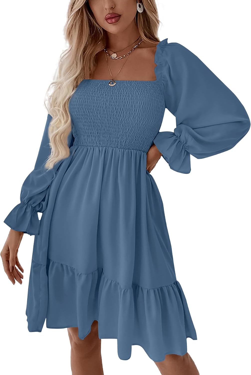 LYANER Women's Shirred Party Mini Dress | Square Neck Lantern Long Sleeve Ruffle A Line Flowy Casual Short Dresses