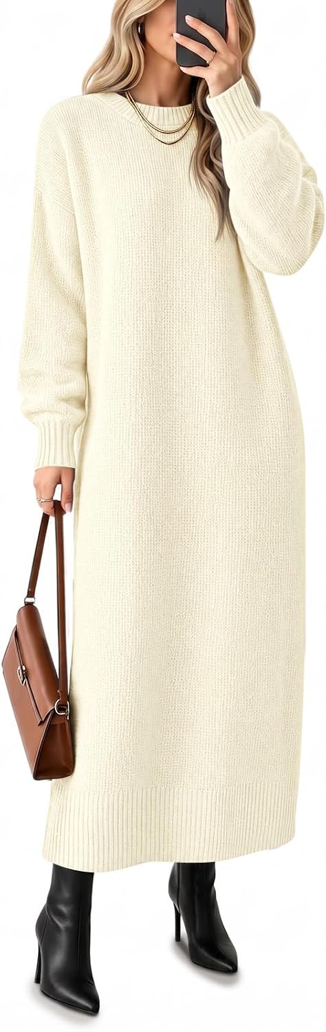 Saodimallsu Womens Long Sleeve Maxi Sweater Dress Crew Neck Knit Dresses | Ankle Length, Casual, Soft Knit, Pullover, Relaxed Fit, Warm Fall Winter Outfits