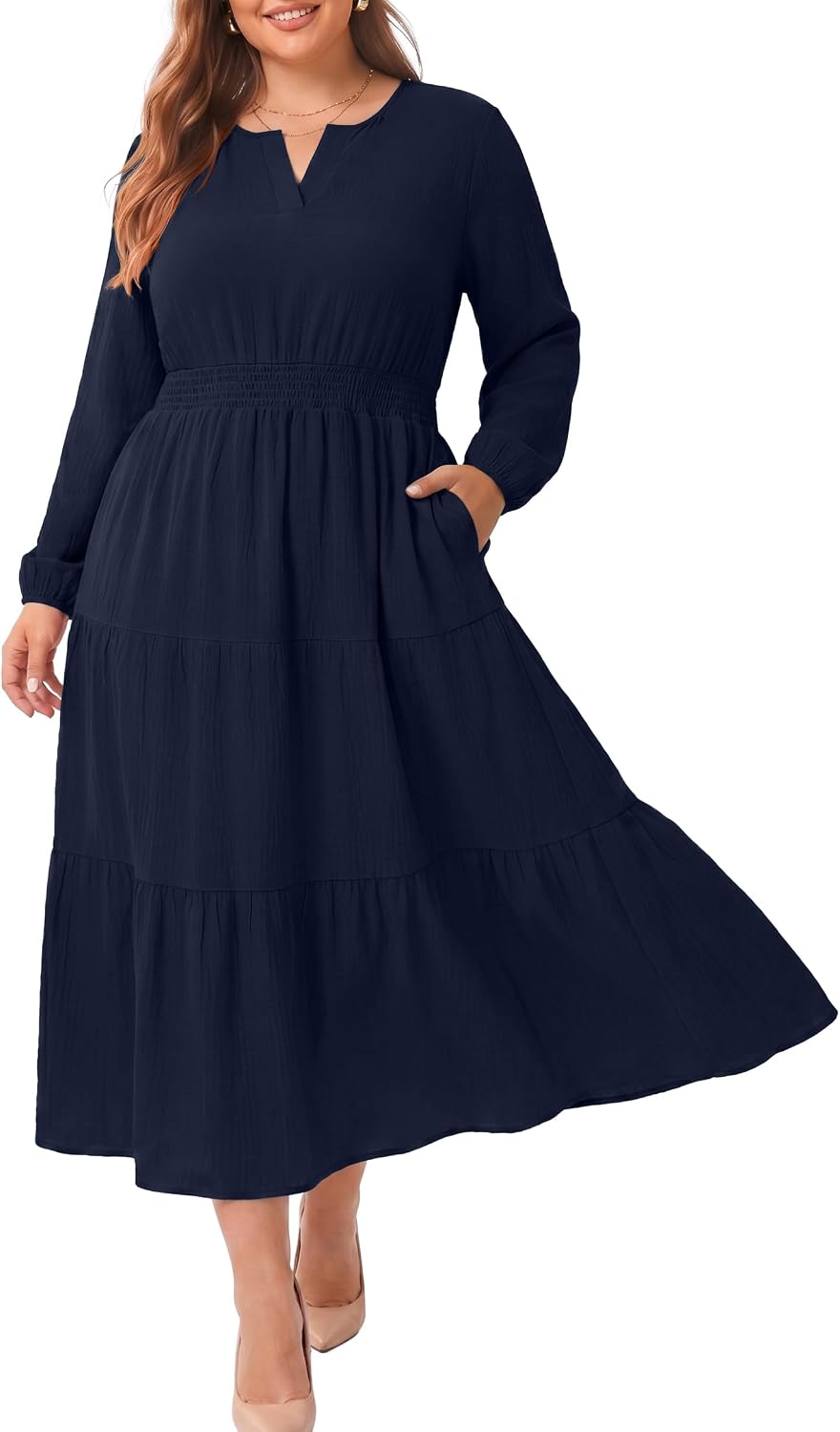 OLRIK Plus Size Fall Maxi Dress for Curvy Women Long Sleeve Pockets | Smocked Waist Tiered Skirt Deep Pockets Autumn Boho Maxi Dress for Wedding Guest Family Photo Teacher or Work Casual