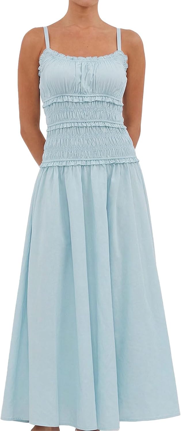 Eahusar Women Spaghetti Strap Maxi Dress Sleeveless Scoop Neck Ruffle Tiered Elastic Casual Boho Flowy Dress