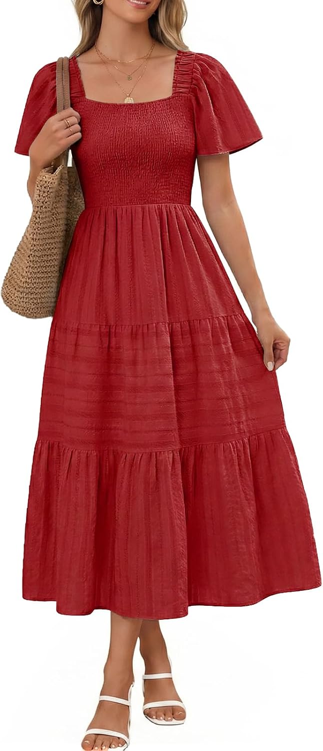 Bbonlinedress Women Summer Midi Casual Smocked Boho Dress with Pockets | Square Neck, Tea Length, Ruffle Short Sleeve, Cotton, Wedding Guest Church, Flowy Fit & Flare Dress