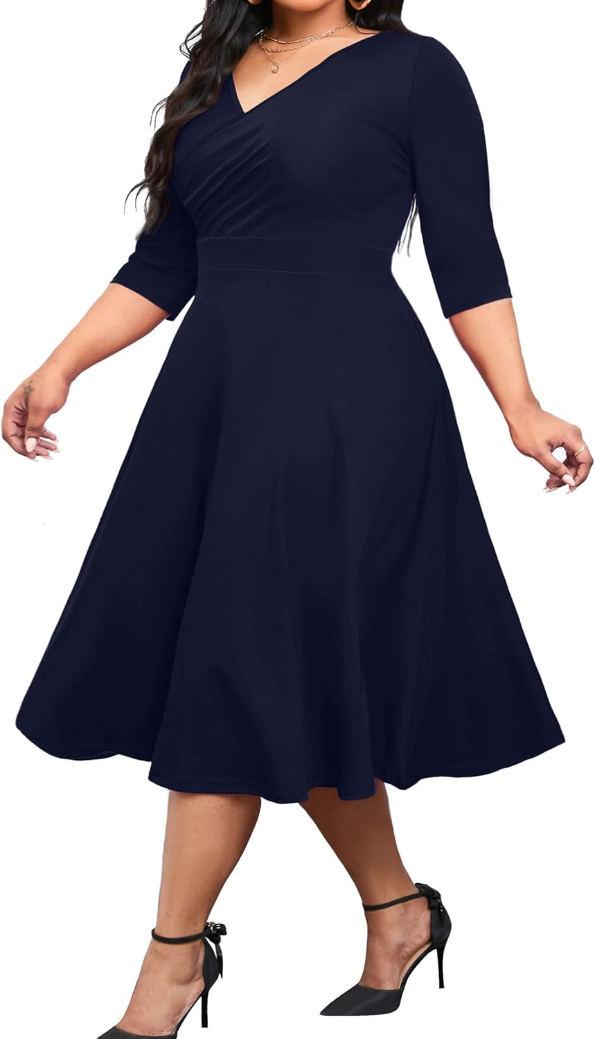 CLOCOR Plus Size Midi Dresses for Women A-Line V Neck Wrap Casual Dress | Curvy fit, shirred bodice, 3\/4 sleeve, hidden pockets, stretch empire waist, elegant style for cocktail party