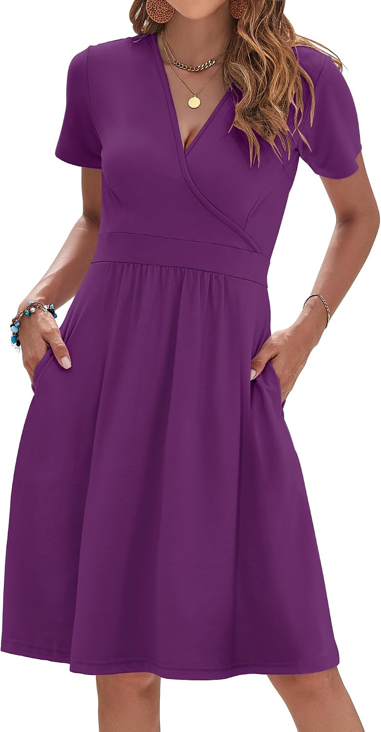 AUSELILY Womens Summer Dresses 2026 Short Sleeve V Neck Faux Wrap Dress | Surplice front, Pockets set into the skirt, Vacation dress for sightseeing, Style low heels with simple jewelry