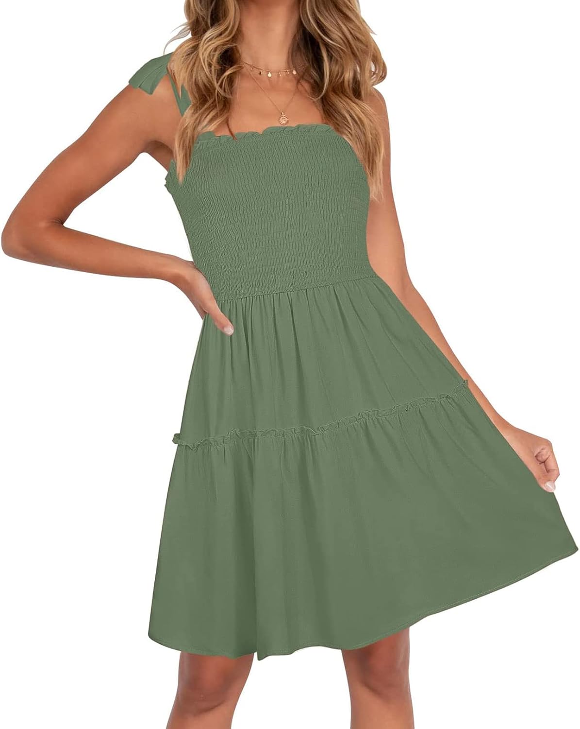 ZESICA Womens Summer Spaghetti Strap Sleeveless Mini Dress | Square Neck, Ruffle Hem, A-Line, Flowy Swing Dress, Sun Dress, Wedding Guest Short Dress