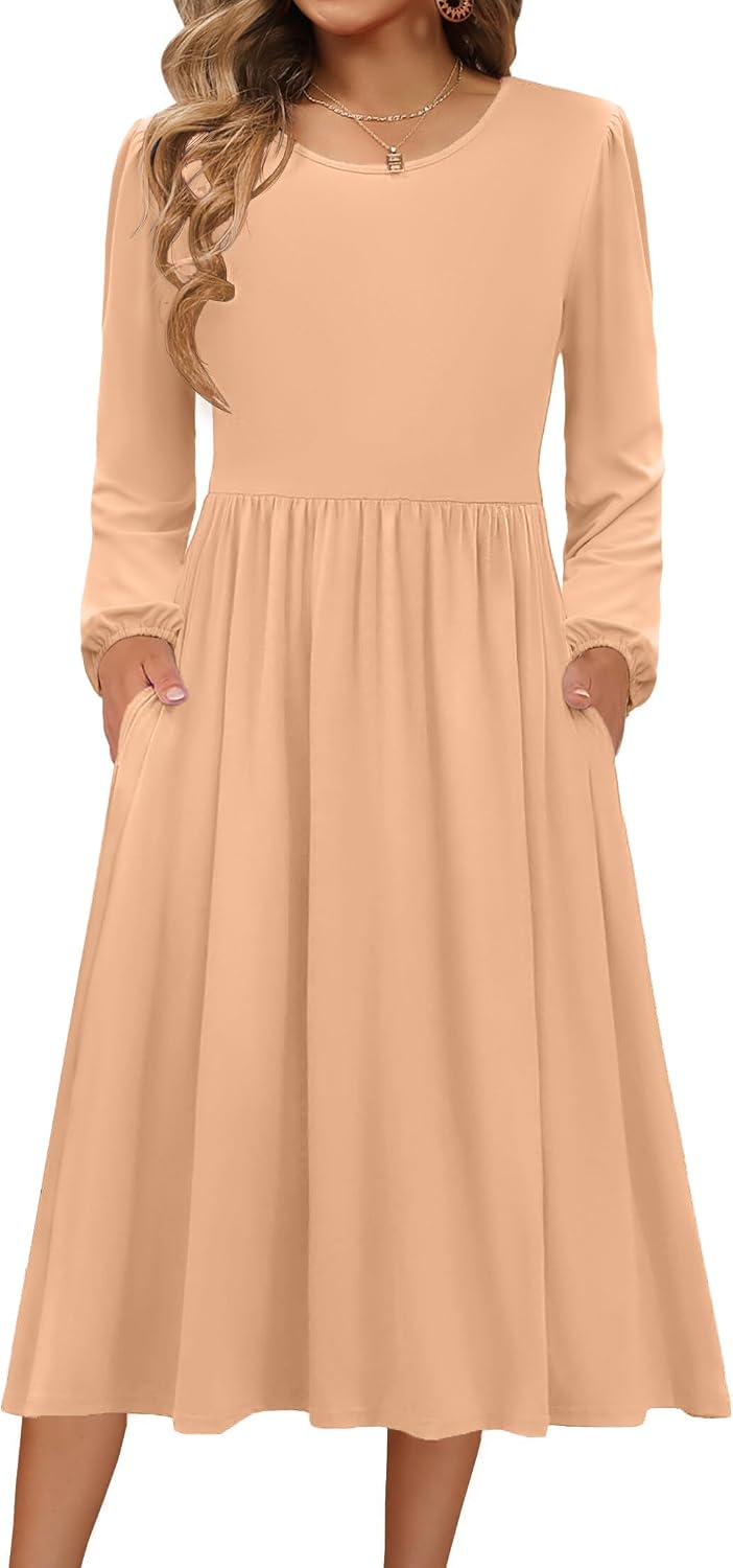 Zeagoo Long Sleeve Dresses for Women 2026 Fall Winter Casual Flowy A-Line Boho Midi Party Long Dress with Pockets