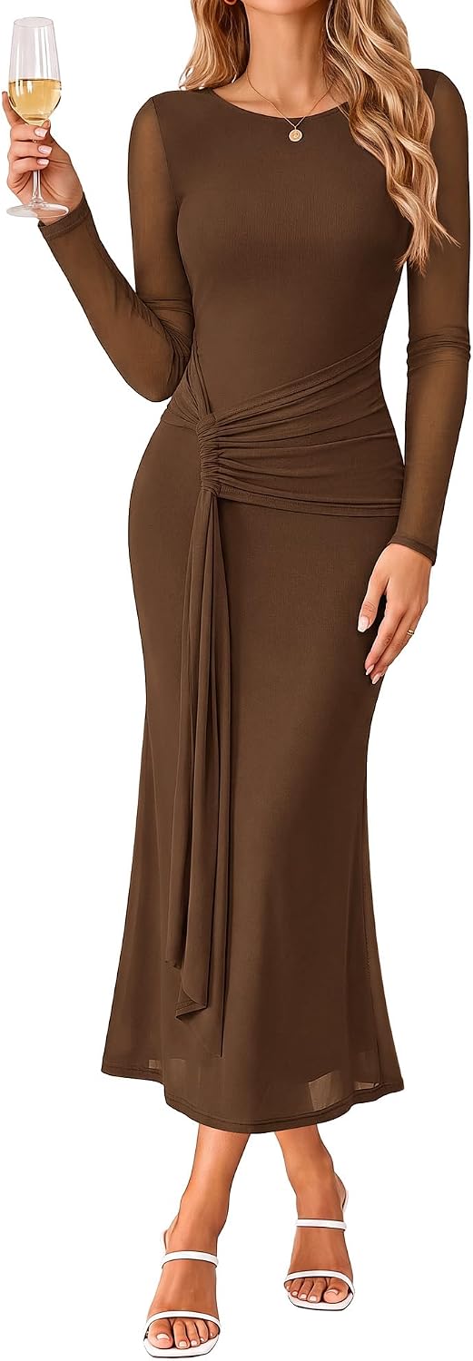 GRACE KARIN Women's Long Sleeve Bodycon Wedding Guest Dress | Cocktail Party,Formal,Maxi,Crew Neck,Mesh,Ruched