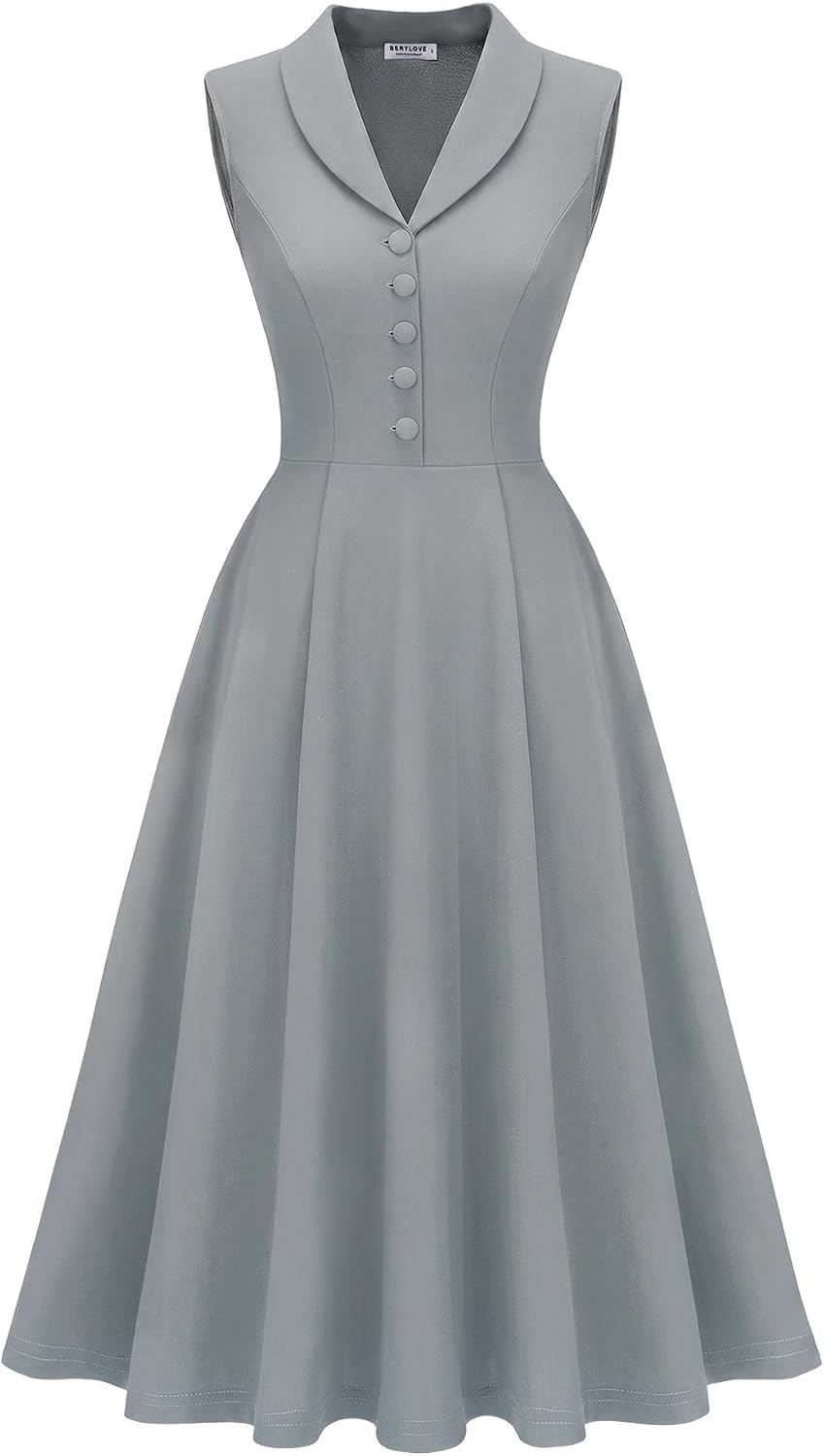 BeryLove Vintage 1950s Midi Cocktail Dresses for Women Wedding Guest Classy | Sleeveless Button Down Dress with Pockets, Notch Lapel, A-Line, Retro 1940s Style, Business Casual Wear, Tea Party, Prom
