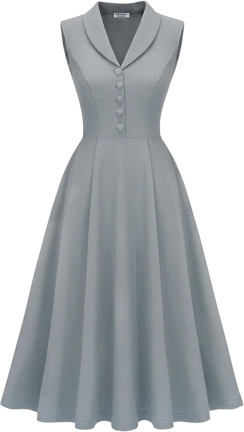 BeryLove Vintage 1950s Midi Cocktail Dresses for Women Wedding Guest Classy | Sleeveless Button Down Dress with Pockets, Notch Lapel, A-Line, Retro 1940s Style, Business Casual Wear, Tea Party, Prom
