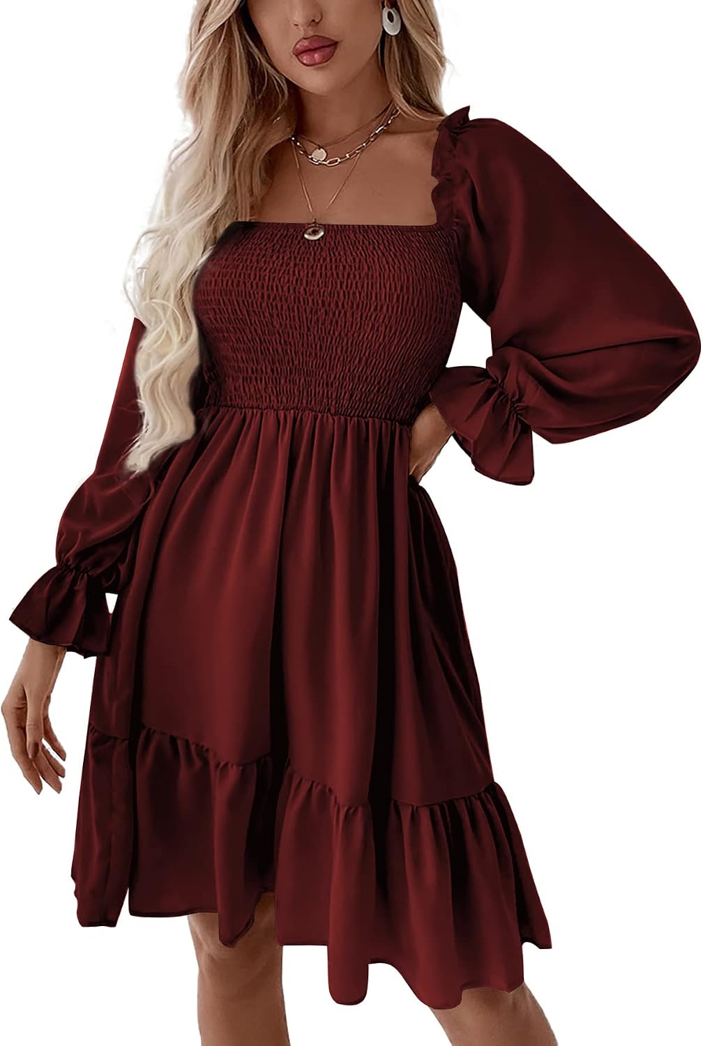 LYANER Women's Shirred Party Mini Dress | Square Neck Lantern Long Sleeve Ruffle A Line Flowy Casual Short Dresses