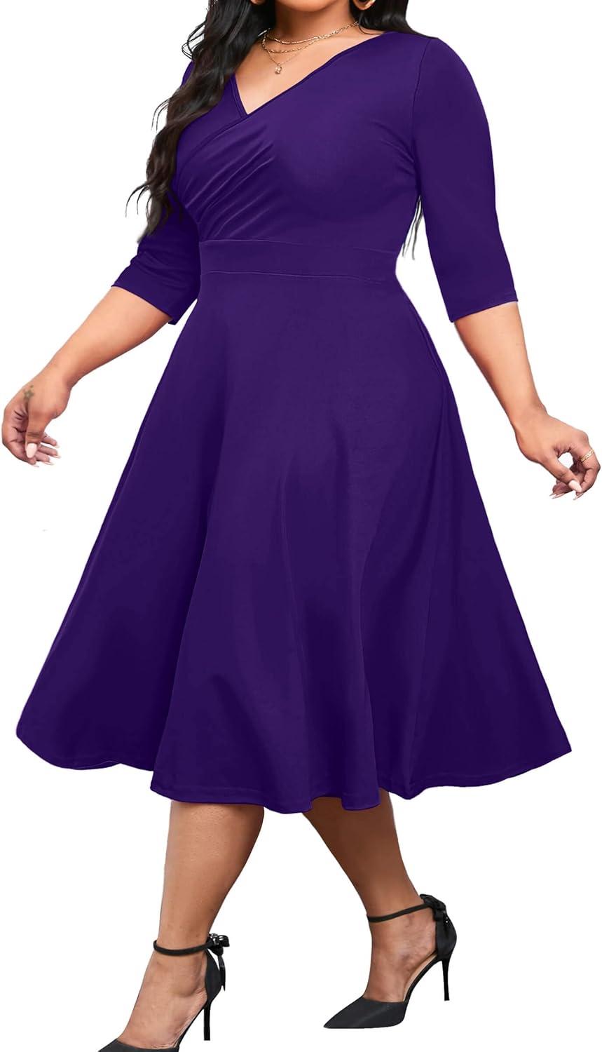 CLOCOR Plus Size Midi Dresses for Women A-Line V Neck Wrap Casual Dress | Curvy fit, shirred bodice, 3\/4 sleeve, hidden pockets, stretch empire waist, elegant style for cocktail party