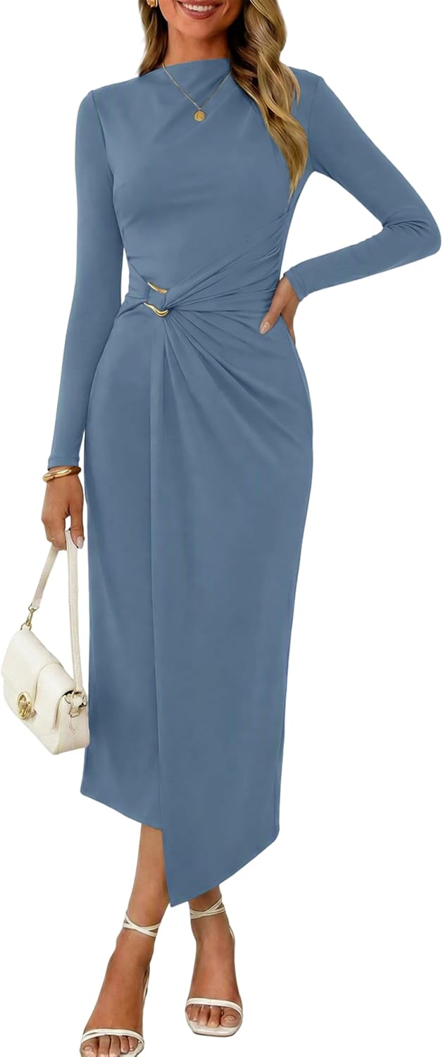 Valiamcep Womens Mock Neck Ribbed Knit Ruched Bodycon Midi Dresses | Elegant Semi Formal Wedding Guest Cocktail Party Date Night Homecoming Christmas Long Dress, Spring Summer Fall Outfits