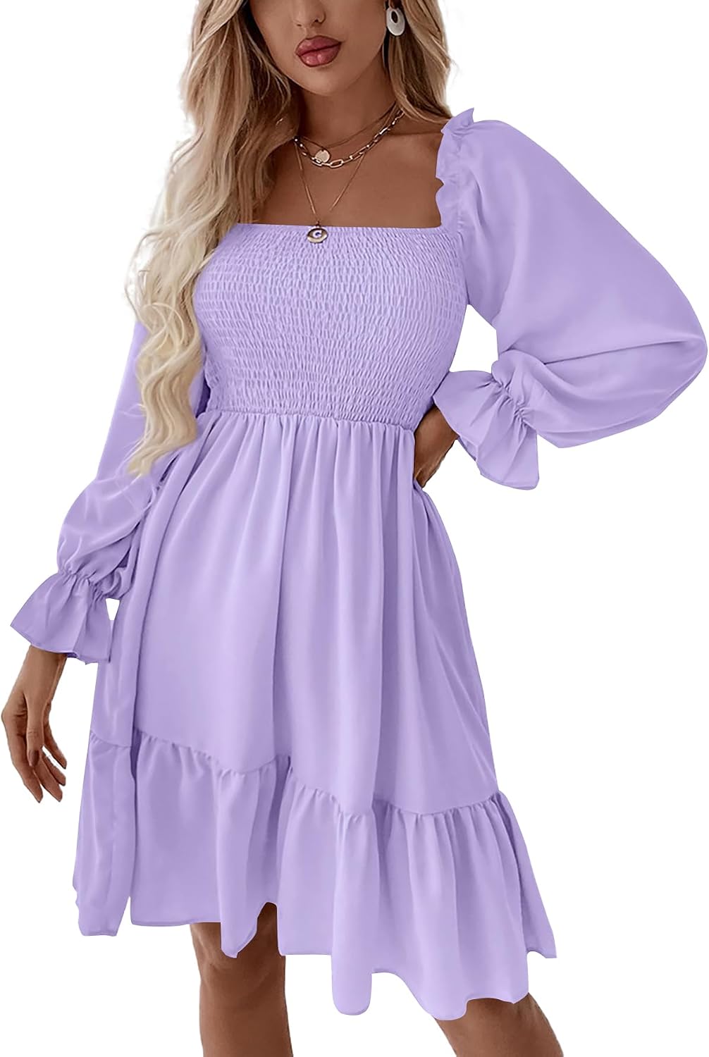 LYANER Women's Shirred Party Mini Dress | Square Neck Lantern Long Sleeve Ruffle A Line Flowy Casual Short Dresses
