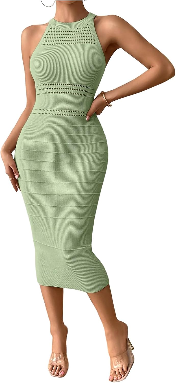 GORGLITTER Women's Sleeveless Sweater Dress Knit Fall Wedding Guest Dresses | Crochet Halter Midi Dresses, Party Cocktail Prom Going Out Outfits, Dressy Casual Clothes