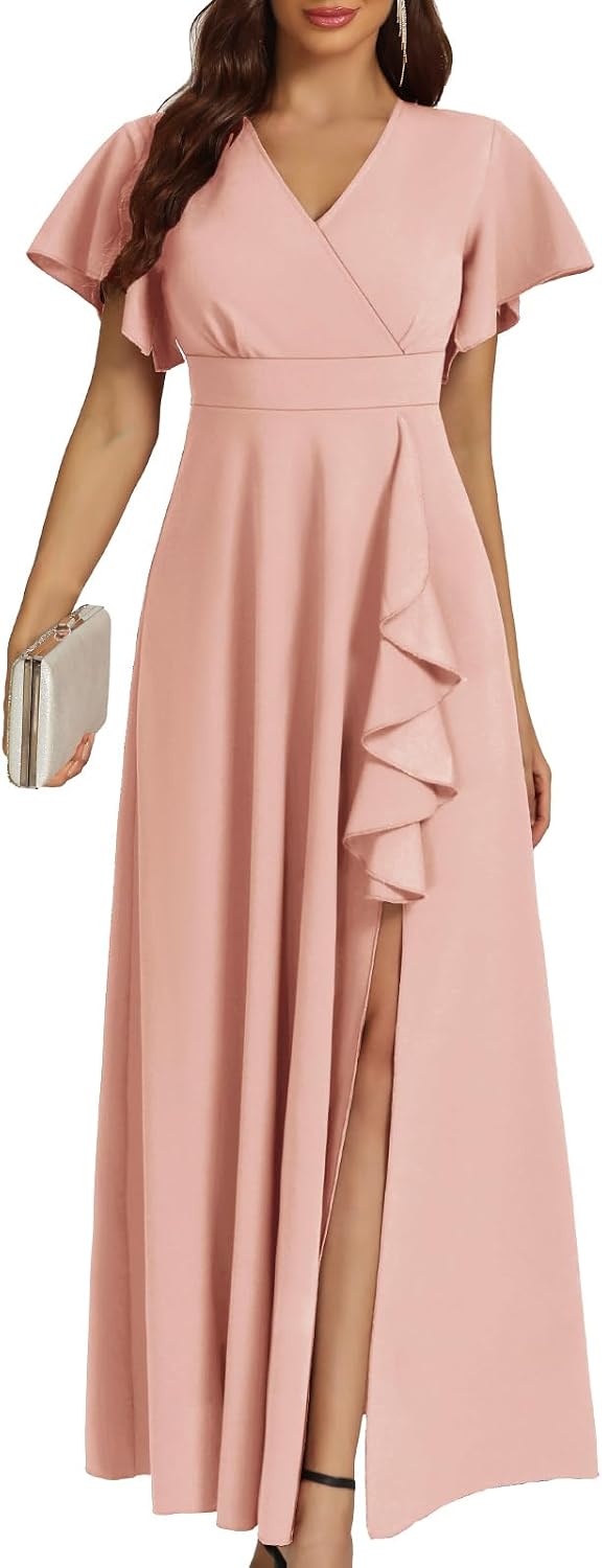 COOAN Women's Black Long Formal Dresses Cocktail Wedding Guest Dress Ruffle Split Elegant V Neck Party Gowns