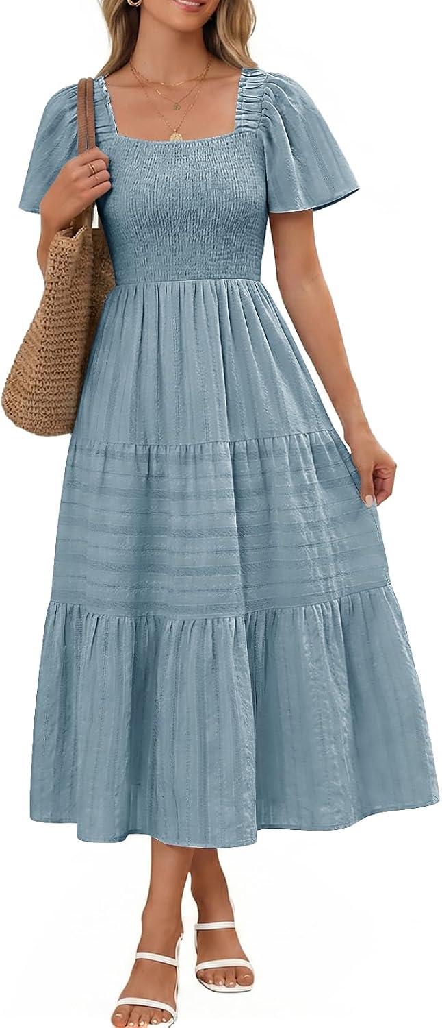 Bbonlinedress Women Summer Midi Casual Smocked Boho Dress with Pockets | Square Neck, Tea Length, Ruffle Short Sleeve, Cotton, Wedding Guest Church, Flowy Fit & Flare Dress