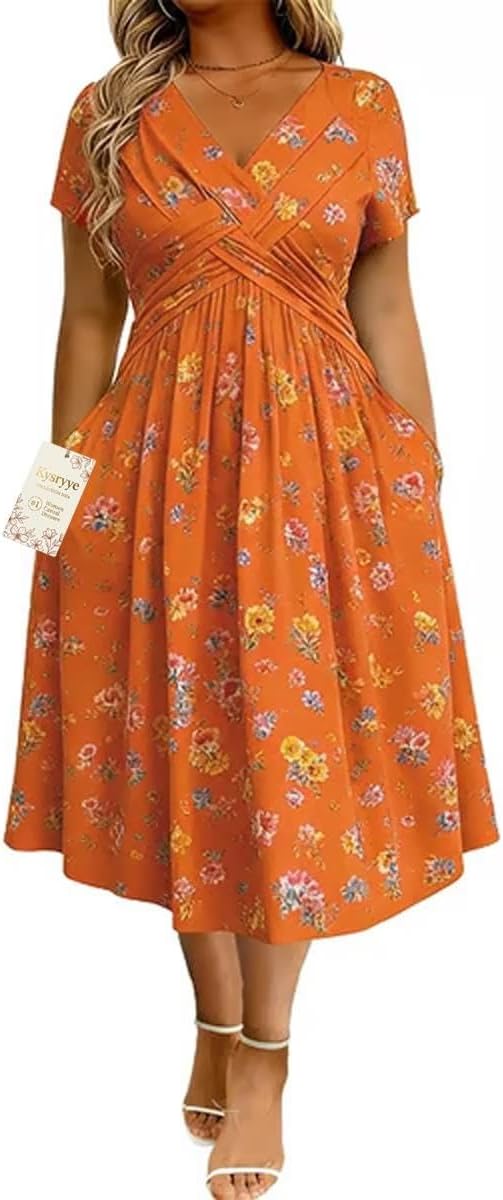 2026 Women's V-Neck Floral Print Dress with Twist Waist and Side Pockets | Twist Front Dress Soft Floral Midi with V-Neck A-Line Skirt and Side Pockets for Brunch Vacations Parties and Everyday Wear