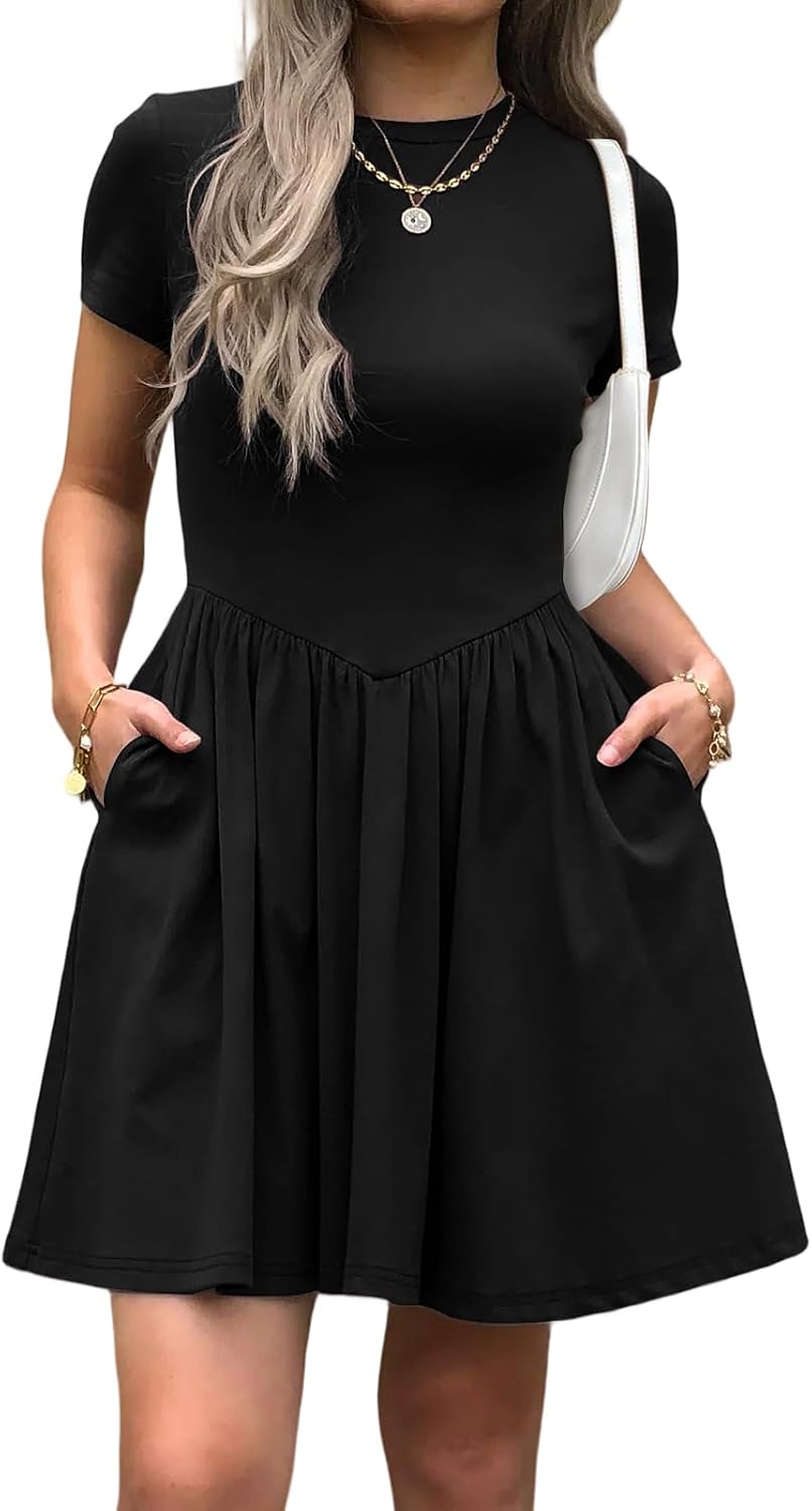 Evzeiem Womens Summer T Shirt Dress Short Sleeve Casual Mini Dresses Drop Waist Swing A Line Dress with Pockets
