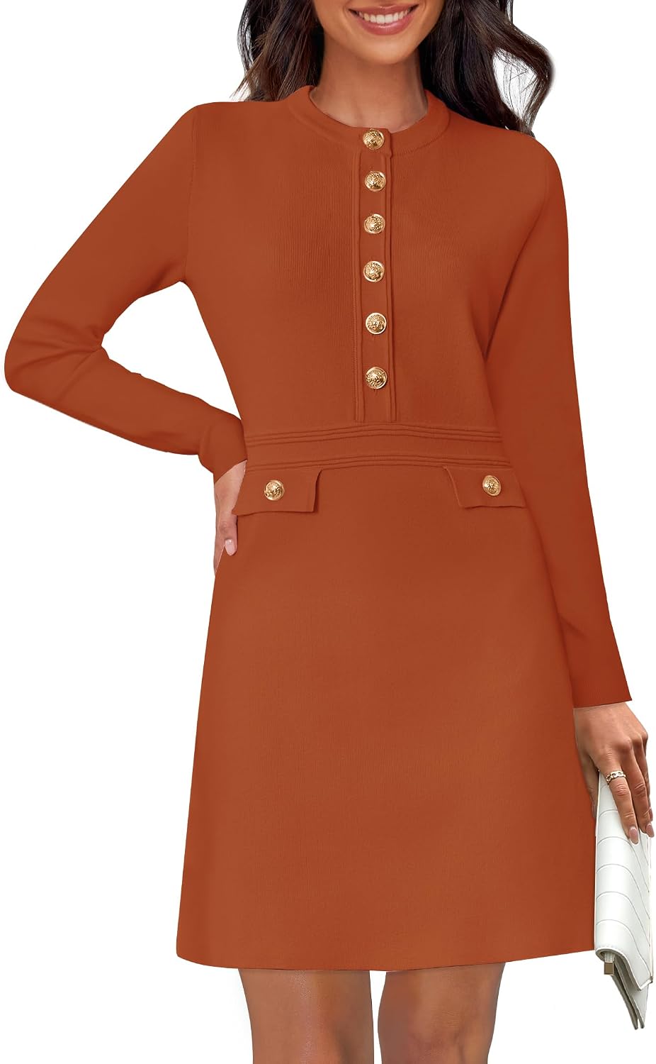 NENONA Women's 2026 Long Sleeve Fall Winter Sweater Dress Spring Fashion Button Elegant Business Casual Work Mini Dresses