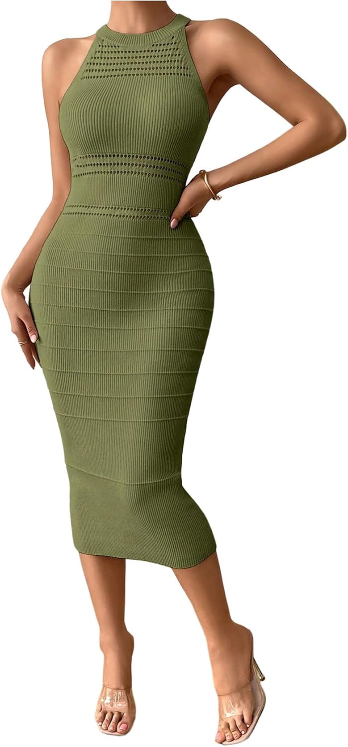 GORGLITTER Women's Sleeveless Sweater Dress Knit Fall Wedding Guest Dresses | Crochet Halter Midi Dresses, Party Cocktail Prom Going Out Outfits, Dressy Casual Clothes