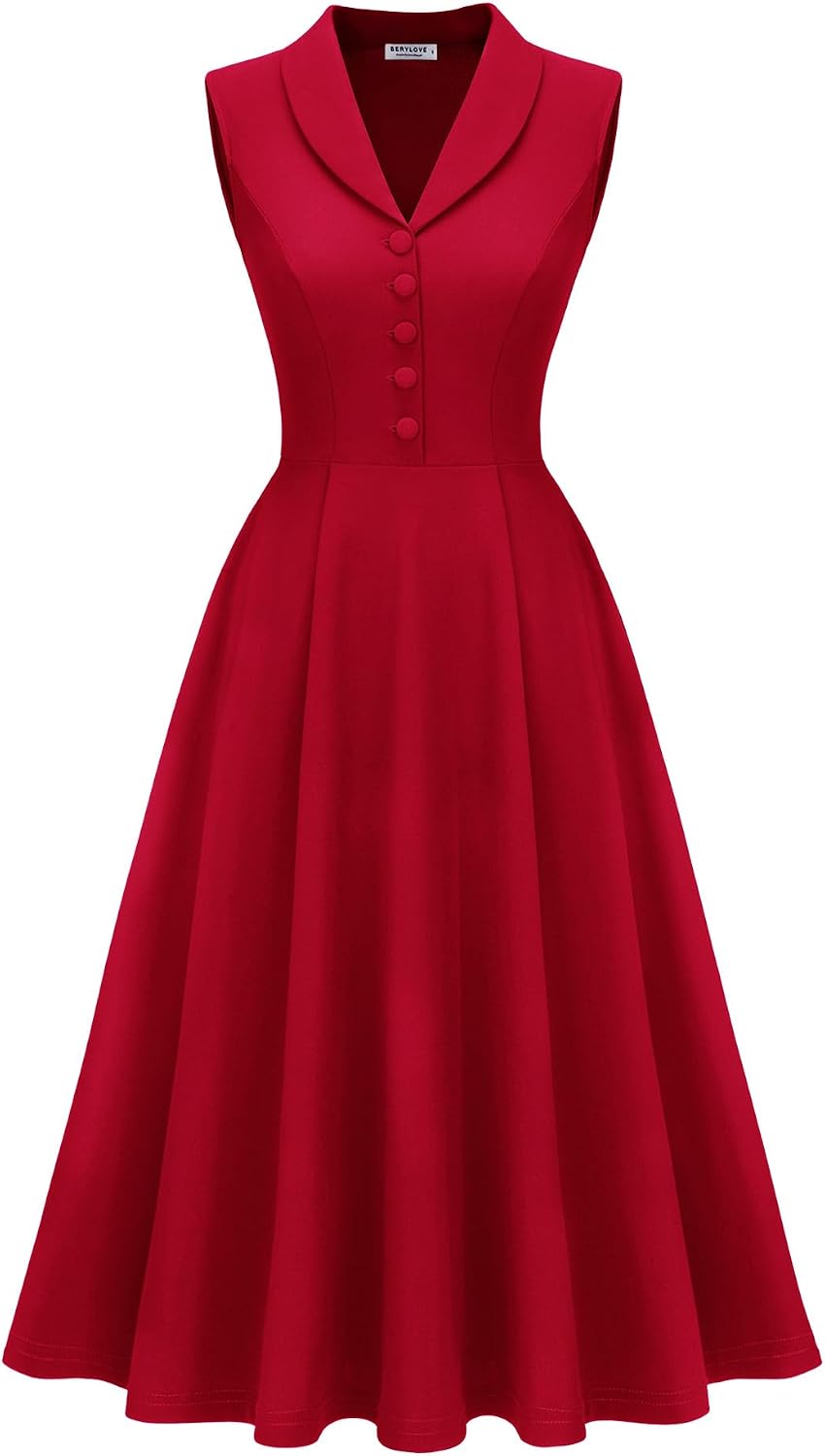 BeryLove Vintage 1950s Midi Cocktail Dresses for Women Wedding Guest Classy | Sleeveless Button Down Dress with Pockets, Notch Lapel, A-Line, Retro 1940s Style, Business Casual Wear, Tea Party, Prom