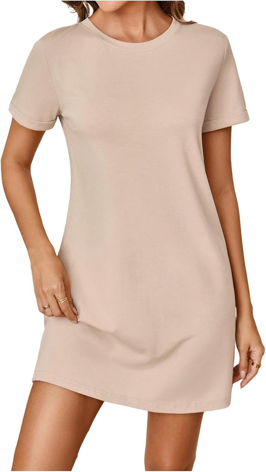 Milumia Women's Casual Short T Shirt Dress Short Sleeve Straight Mini Tee S | Round Neck, Basic Dress, Solid, Summer Fall Fashion, Nightgown, Simple, Losse Fit