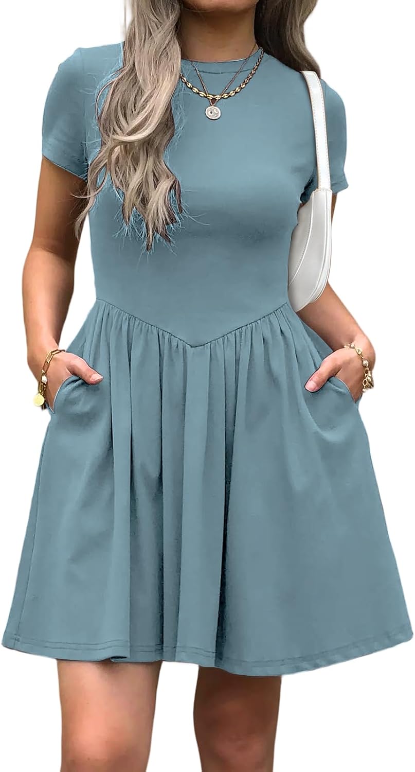 Evzeiem Womens Summer T Shirt Dress Short Sleeve Casual Mini Dresses Drop Waist Swing A Line Dress with Pockets