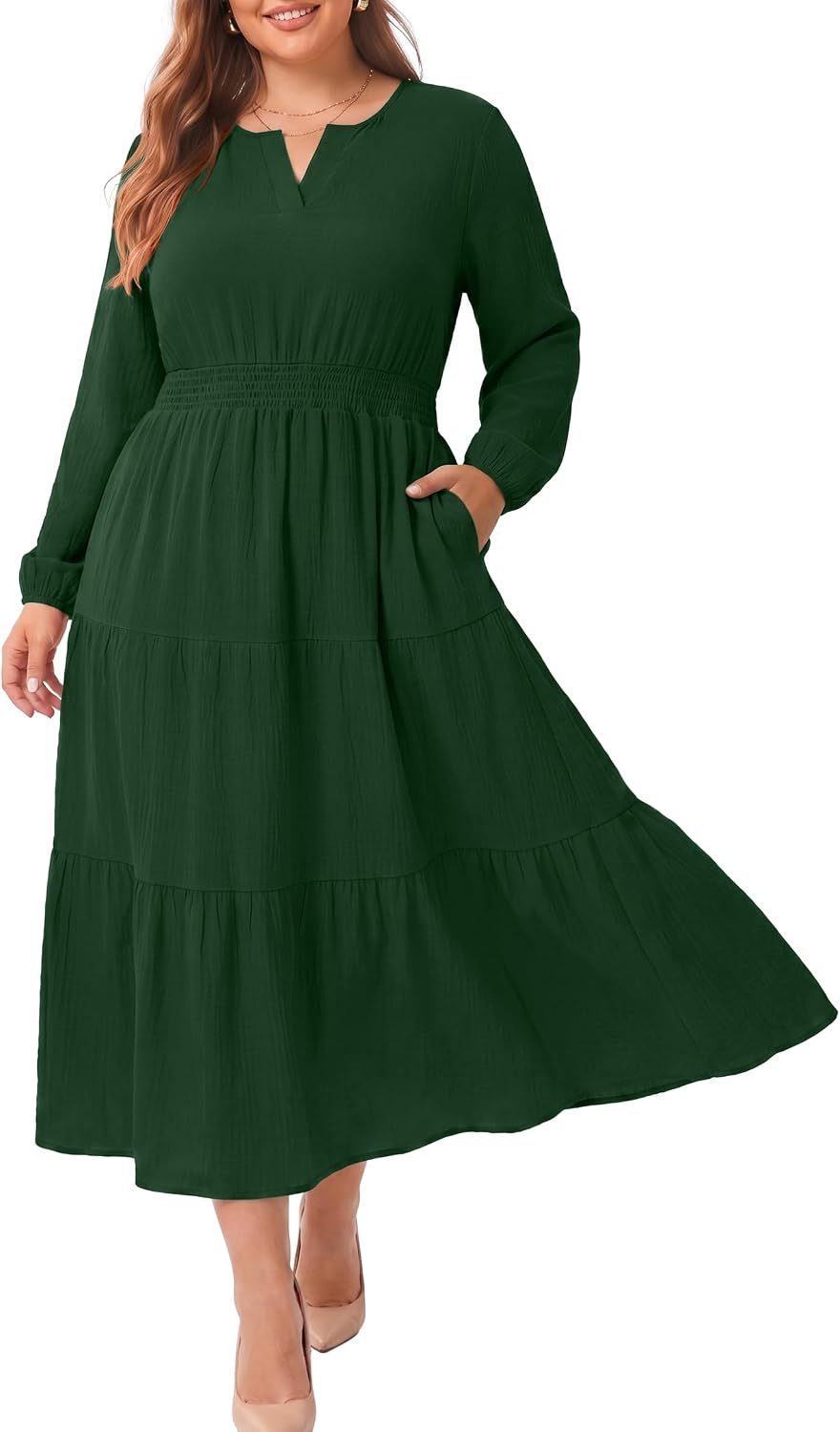 OLRIK Plus Size Fall Maxi Dress for Curvy Women Long Sleeve Pockets | Smocked Waist Tiered Skirt Deep Pockets Autumn Boho Maxi Dress for Wedding Guest Family Photo Teacher or Work Casual