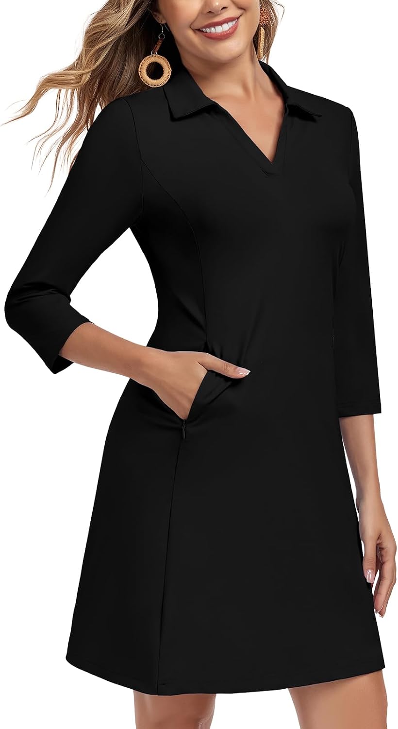 Soneven Women's 3\/4 Sleeve Dress with Pockets UPF 50+ Sun Dress Breathable Quick Dry Beach Cover Ups