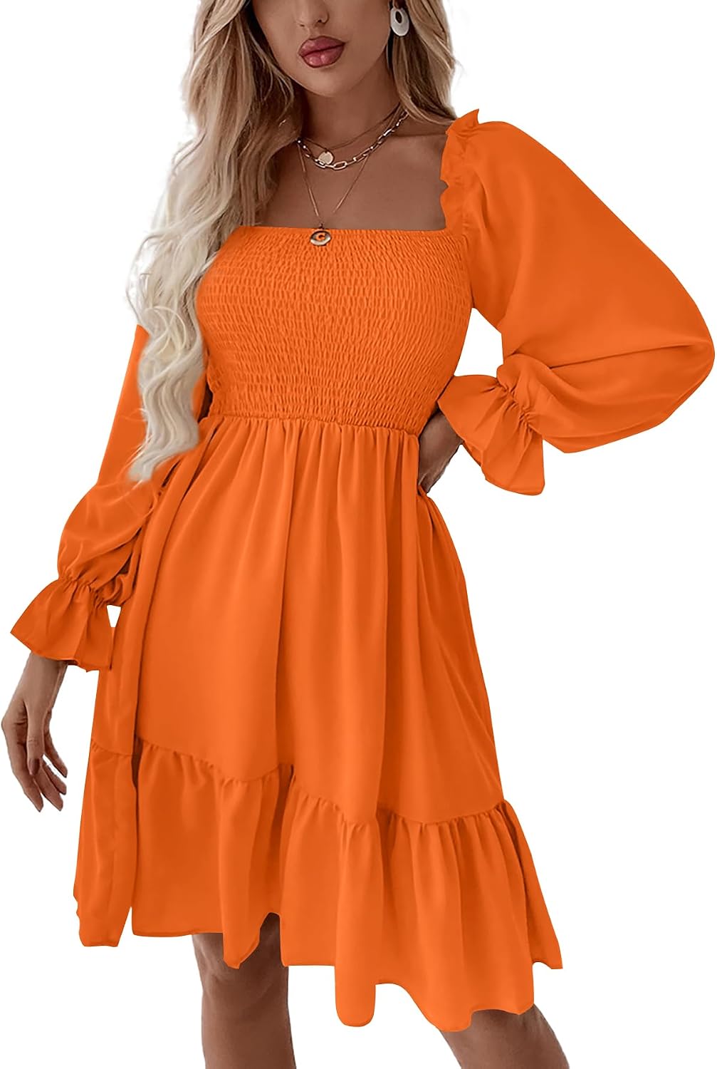 LYANER Women's Shirred Party Mini Dress | Square Neck Lantern Long Sleeve Ruffle A Line Flowy Casual Short Dresses