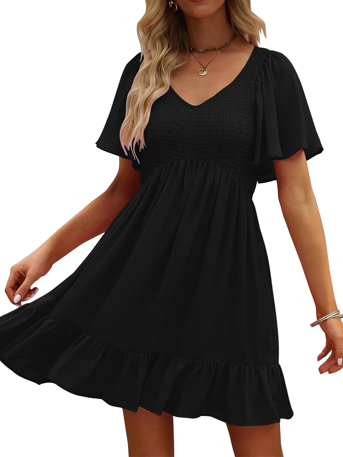 UEAL Womens Floral Smocked V Neck Casual Summer Sun Dresses | Aline, Pockets, Flowy, Cute, Empire Wiast, Flutter Sleeve, Knee Length, Bump Friendly, Beach Vacation, Resort Wear
