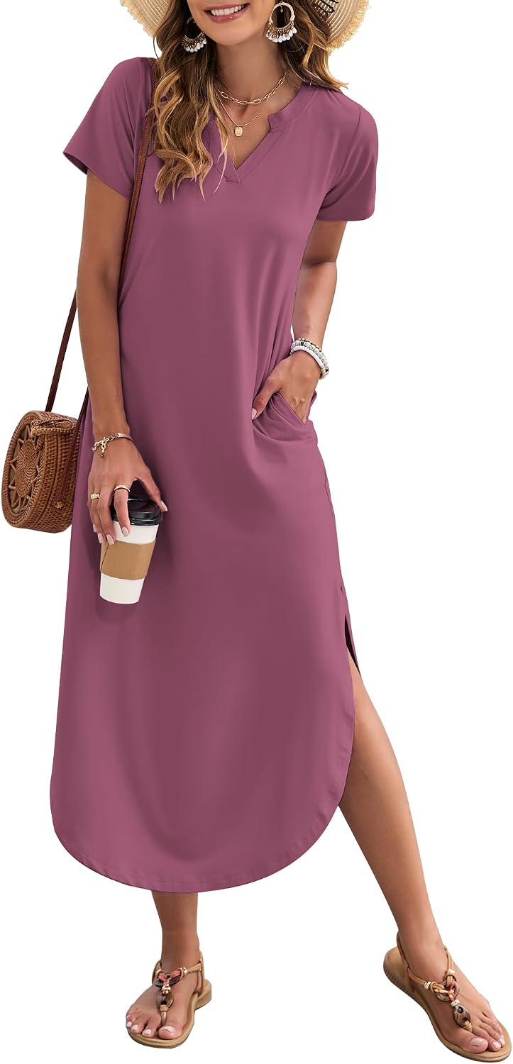MISFAY Women's Short Sleeves Summer Maxi Dresses with Pocket | Notched V-neck, Side Splits, Two Pockets, Swing Sundress Hem, Loose Shirt Dress Fit, Ankle Length, Beach Vacation Outfits
