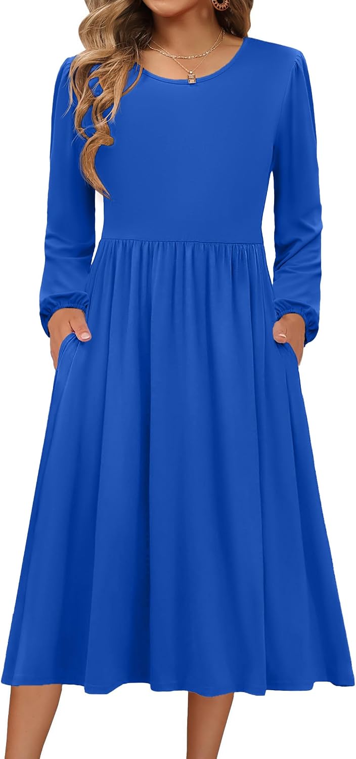Zeagoo Long Sleeve Dresses for Women 2026 Fall Winter Casual Flowy A-Line Boho Midi Party Long Dress with Pockets