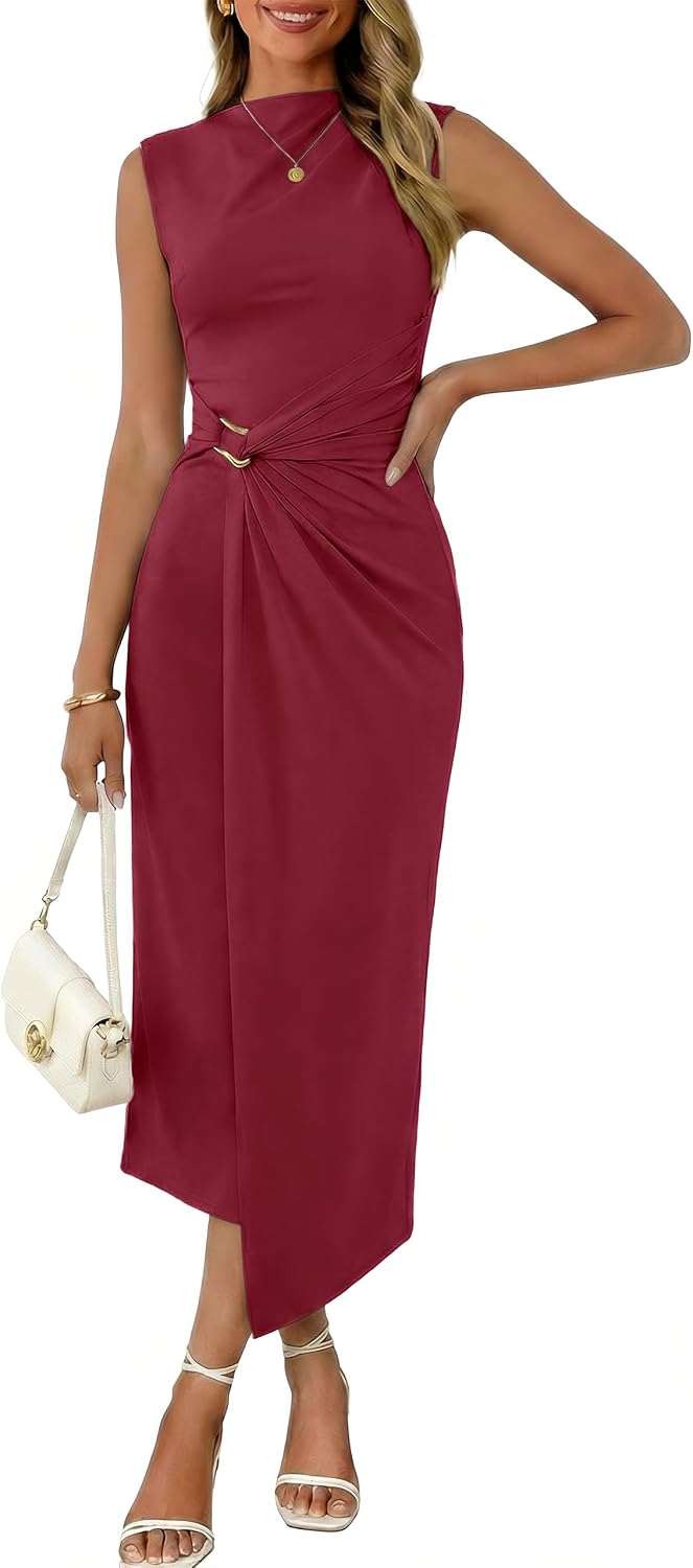 Valiamcep Womens Mock Neck Ribbed Knit Ruched Bodycon Midi Dresses | Elegant Semi Formal Wedding Guest Cocktail Party Date Night Homecoming Christmas Long Dress, Spring Summer Fall Outfits