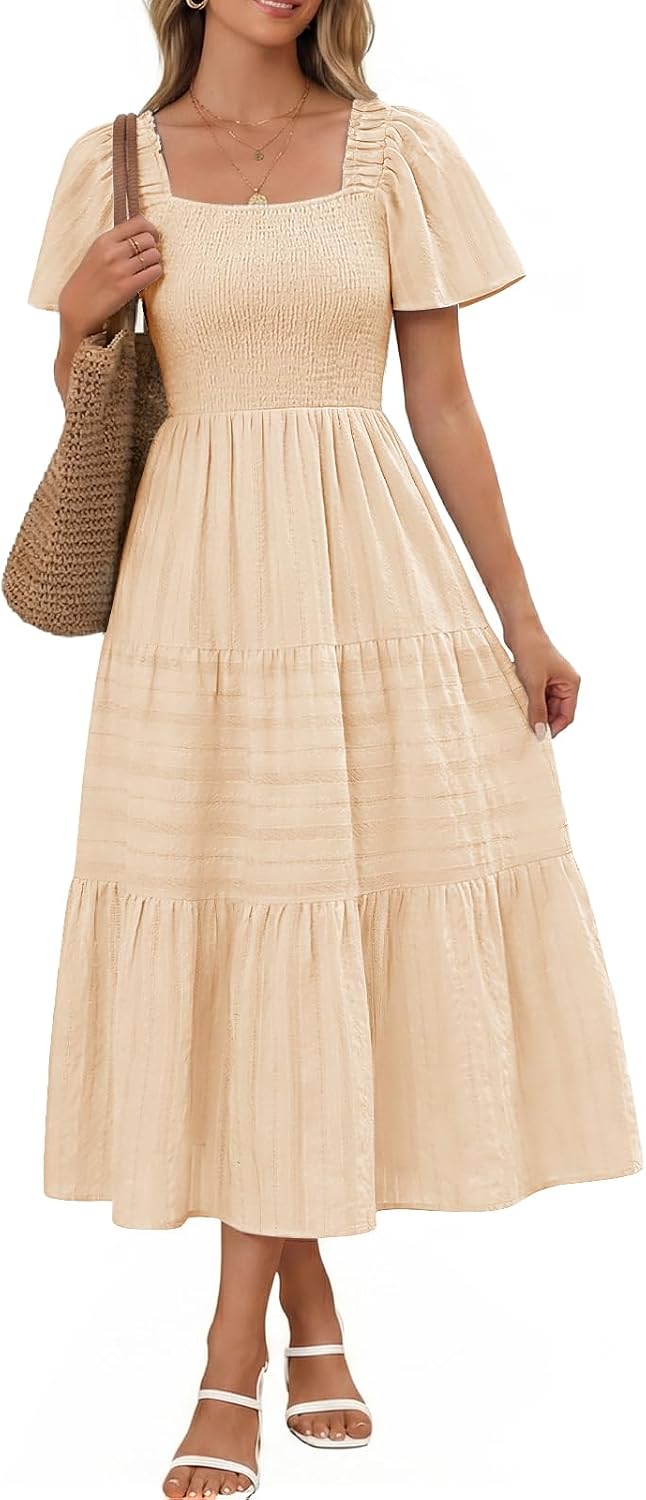 Bbonlinedress Women Summer Midi Casual Smocked Boho Dress with Pockets | Square Neck, Tea Length, Ruffle Short Sleeve, Cotton, Wedding Guest Church, Flowy Fit & Flare Dress